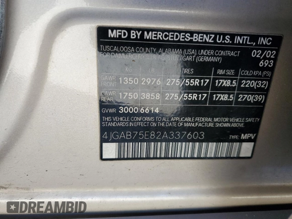 2002 Mercedes-Benz M-Class with VIN 4JGAB75E82A337603, listed as a Copart auction lot 44125814 with 206,577 mi miles and Non Repairable. Bid and sale history available at carsss.com. Image 13.