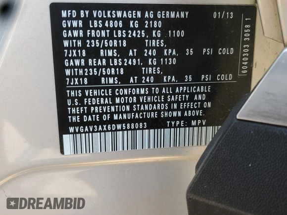 2013 Volkswagen Tiguan S with VIN WVGAV3AX6DW588083, listed as a Copart auction lot 60114965 with 109,318 mi miles and Salvage title. Bid and sale history available at DreamBid. Image 13.