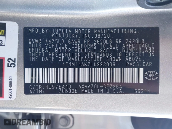 2020 Toyota Camry SE z VIN 4T1M11AK7LU993039, wystawiony jako IAAI lot #41492895 z przebiegiem 32 498 mil mil oraz . Historia ofert i sprzedaży dostępna na DreamBid. Obrazek 9.