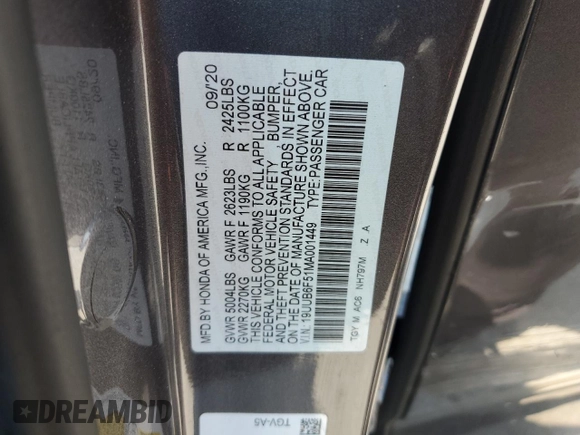 2021 Acura TLX w/A-Spec Package with VIN 19UUB6F51MA001449, listed as a Copart auction lot 61774275 with 83,036 mi miles and Salvage title. Bid and sale history available at DreamBid. Image 12.