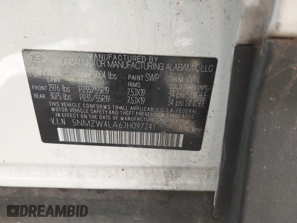 2018 Hyundai Santa Fe Ultimate с VIN 5NMZW4LA6JH097241, выставлен на аукционе IAAI как лот 41139592 с пробегом Не указан миль и . История ставок и продаж доступна на DreamBid. Изображение 9.