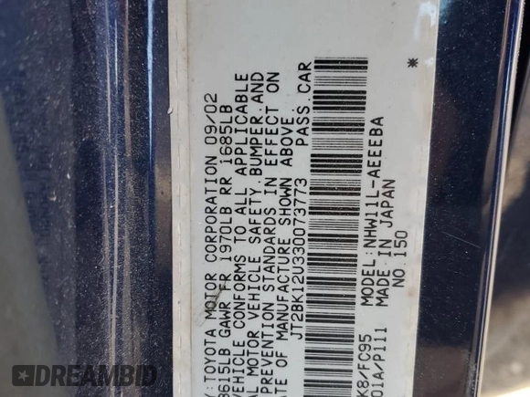 2003 Toyota Prius with VIN JT2BK12U330073773, listed as a Copart auction lot 50043705 with 150,786 mi miles and Salvage Title. Bid and sale history available at carsss.com. Image 14.
