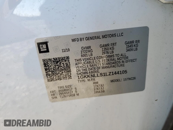 2020 GMC Acadia AT4 with VIN 1GKKNLLS1LZ144105, listed as a Copart auction lot 50167755 with 107,387 mi miles and Salvage title. Bid and sale history available at DreamBid. Image 13.