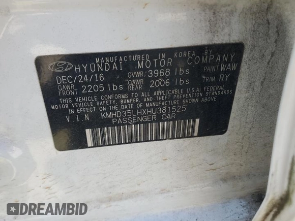 2017 Hyundai Elantra z VIN KMHD35LHXHU381525, wystawiony jako Copart lot #54677875 z przebiegiem 121 960 mil mil oraz Szkoda całkowita • Salvage title. Historia ofert i sprzedaży dostępna na DreamBid. Obrazek 12.