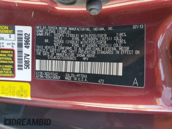 2013 Toyota Sienna LE with VIN 5TDJK3DC7DS069825, listed as a Copart auction lot 46951975 with 190,762 mi miles and Salvage Title. Bid and sale history available at carsss.com. Image 16.