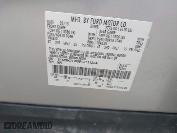 2015 Ford Explorer с VIN 1FM5K7B80FGC11254, выставлен на аукционе IAAI как лот 42464726 с пробегом 109 171 миль миль и . История ставок и продаж доступна на DreamBid. Изображение 9.