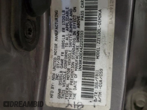 2004 Toyota Corolla CE with VIN 1NXBR32EX4Z225593, listed as a Copart auction lot 52224335 with Not Provided miles and Clean Title. Bid and sale history available at DreamBid. Image 12.