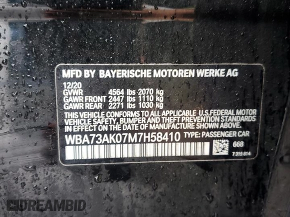 2021 BMW 2 Series 228i xDrive with VIN WBA73AK07M7H58410, listed as a Copart auction lot 55775995 with 76,921 mi miles and Salvage title. Bid and sale history available at DreamBid. Image 12.