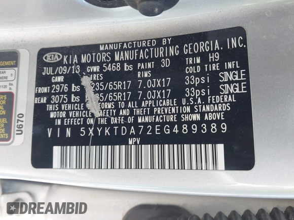2014 Kia Sorento LX with VIN 5XYKTDA72EG489389, listed as a IAAI auction lot 41905133 with 152,578 mi miles. Bid and sale history available at carsss.com. Image 9.