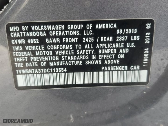 2013 Volkswagen Passat TDI SE w/Sunroof with VIN 1VWBN7A37DC113554, listed as a Copart auction lot 45937395 with 0 mi miles and Non Repairable. Bid and sale history available at carsss.com. Image 15.