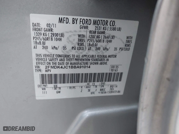 2011 Ford Edge SEL with VIN 2FMDK4JC1BBA91014, listed as a IAAI auction lot 41833499 with 200,150 mi miles. Bid and sale history available at carsss.com. Image 9.