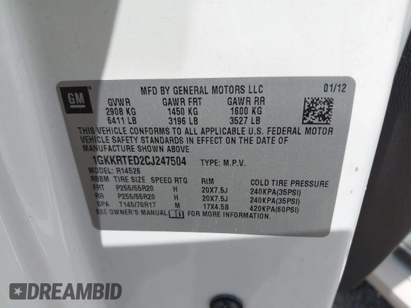 2012 GMC Acadia Denali with VIN 1GKKRTED2CJ247504, listed as a IAAI auction lot 39712204 with 134,223 mi miles and . Bid and sale history available at DreamBid. Image 9.