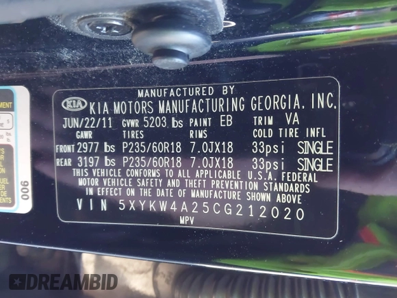 2012 Kia Sorento SX with VIN 5XYKW4A25CG212020, listed as a IAAI auction lot 41456930 with 214,368 mi miles. Bid and sale history available at carsss.com. Image 9.