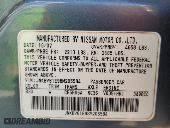2008 Infiniti G35 with VIN JNKBV61E98M205584, listed as a Copart auction lot 71397924 with 152,266 mi miles and Salvage Title. Bid and sale history available at DreamBid. Image 13.