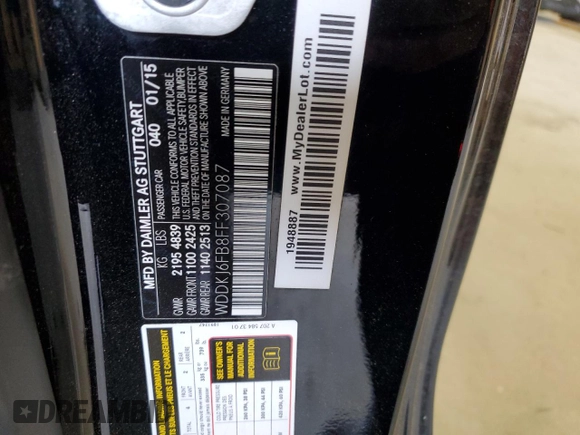 2015 Mercedes-Benz E 400 with VIN WDDKJ6FB8FF307087, listed as a Copart auction lot 59617864 with 147,166 mi miles and Salvage title. Bid and sale history available at DreamBid. Image 12.