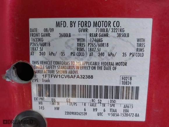 2010 Ford F-150 XL with VIN 1FTFW1CV6AFA32388, listed as a IAAI auction lot 41577048 with 1 mi miles. Bid and sale history available at carsss.com. Image 9.