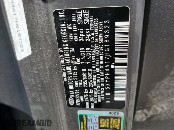 2017 Kia Sorento EX with VIN 5XYPH4A17HG189323, listed as a Copart auction lot 63041315 with 177,092 mi miles and Clean title. Bid and sale history available at DreamBid. Image 13.