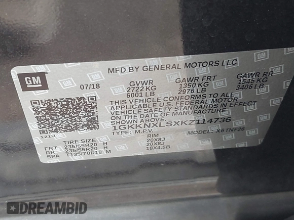 2019 GMC Acadia Denali with VIN 1GKKNXLSXKZ114736, listed as a IAAI auction lot 41679200 with 56,086 mi miles and . Bid and sale history available at carsss.com. Image 9.