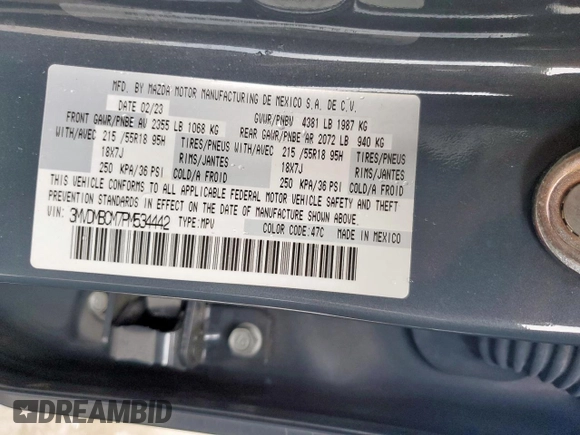 2023 Mazda CX-30 S Carbon Edition with VIN 3MVDMBCM7PM534442, listed as a Copart auction lot 60341565 with 15,068 mi miles and Salvage title. Bid and sale history available at DreamBid. Image 12.