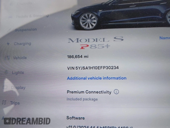 2014 Tesla Model S 60 with VIN 5YJSA1H10EFP30234, listed as a IAAI auction lot 42182249 with 186,654 mi miles and . Bid and sale history available at DreamBid. Image 15.