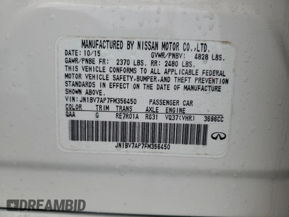 2015 Infiniti Q50 with VIN JN1BV7AP7FM356450, listed as a Copart auction lot 54594765 with 136,096 mi miles and Salvage title. Bid and sale history available at DreamBid. Image 12.