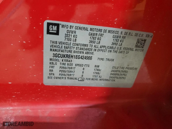 2014 Chevrolet Silverado 1500 LT with VIN 3GCUKREH1EG424966, listed as a Copart auction lot 50300545 with 95,768 mi miles and Salvage Title. Bid and sale history available at carsss.com. Image 12.