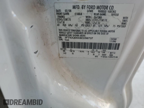2008 Ford F-250 XL с VIN 1FTNX205X8ED56737, выставлен на аукционе Copart как лот 47093715 с пробегом 362 048 миль миль и Списание • Salvage title. История ставок и продаж доступна на DreamBid. Изображение 12.