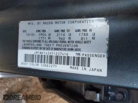 2005 Mazda 3 s with VIN JM1BK143X51237416, listed as a IAAI auction lot 42138336 with 178,706 mi miles and . Bid and sale history available at DreamBid. Image 9.