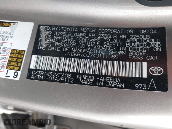 2004 Toyota Prius with VIN JTDKB20U240111589, listed as a IAAI auction lot 42217409 with 163,199 mi miles and . Bid and sale history available at DreamBid. Image 9.