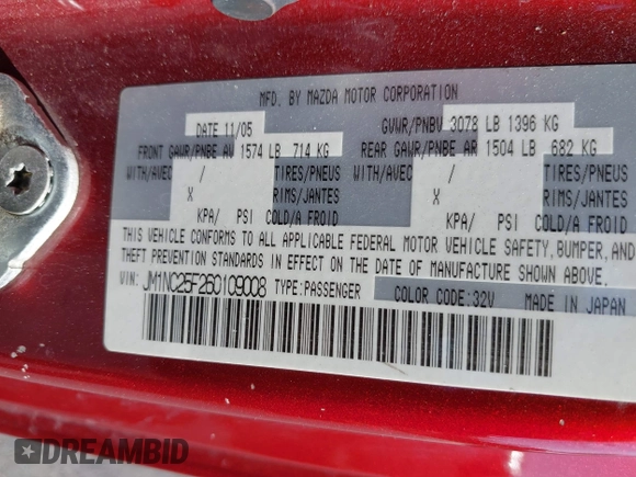 2006 Mazda MX-5 Miata Sport z VIN JM1NC25F260109008, wystawiony jako IAAI lot #42467176 z przebiegiem 139 839 mil mil oraz . Historia ofert i sprzedaży dostępna na DreamBid. Obrazek 9.