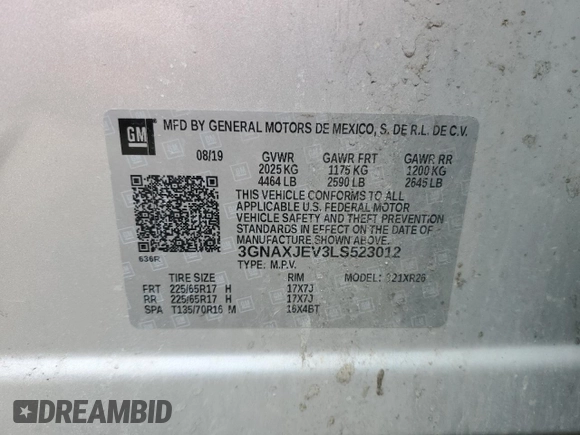 2020 Chevrolet Equinox LT with VIN 3GNAXJEV3LS523012, listed as a Copart auction lot 50192515 with 62,492 mi miles and Non repairable. Bid and sale history available at DreamBid. Image 13.