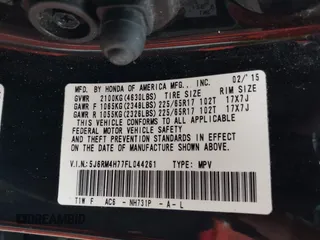2015 Honda CR-V EX-L with VIN 5J6RM4H77FL044261, listed as a IAAI auction lot 41865353 with Not Provided miles. Bid and sale history available at carsss.com. Image 9.