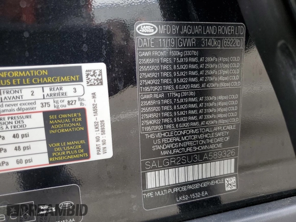 2020 Land Rover Range Rover with VIN SALGR2SU3LA589326, listed as a Copart auction lot 75936514 with 56,079 mi miles and Salvage title. Bid and sale history available at DreamBid. Image 14.