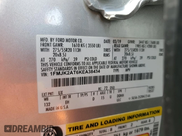 2019 Ford Expedition Max Limited with VIN 1FMJK2AT6KEA38434, listed as a Copart auction lot 51511365 with Not provided miles and Salvage title. Bid and sale history available at DreamBid. Image 15.