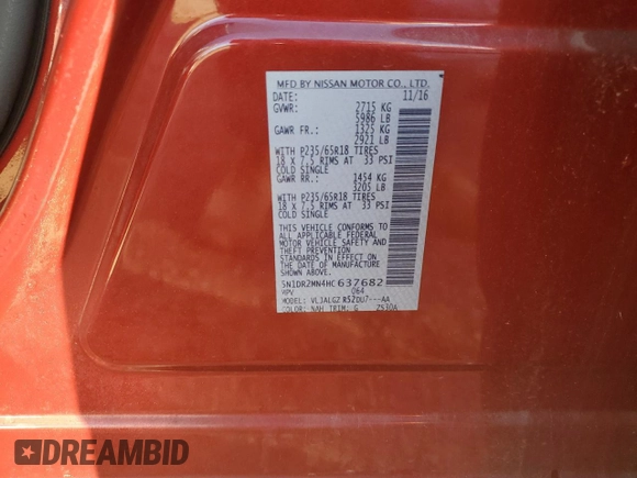 2017 Nissan Pathfinder S with VIN 5N1DR2MN4HC637682, listed as a Copart auction lot 46925335 with 116,934 mi miles and Non Repairable. Bid and sale history available at DreamBid. Image 14.