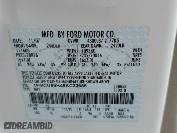 2008 Ford Escape Hybrid with VIN 1FMCU59H48KC33656, listed as a Copart auction lot 48506585 with 166,880 mi miles and Salvage title. Bid and sale history available at DreamBid. Image 14.