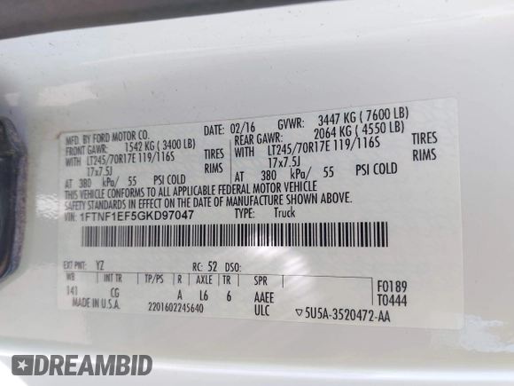 2016 Ford F-150 XL with VIN 1FTNF1EF5GKD97047, listed as a IAAI auction lot 42441306 with 150,994 mi miles and . Bid and sale history available at DreamBid. Image 9.