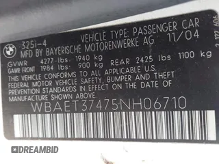 2005 BMW 3 Series 325i with VIN WBAET37475NH06710, listed as a IAAI auction lot 42581829 with 189,453 mi miles and . Bid and sale history available at DreamBid. Image 9.