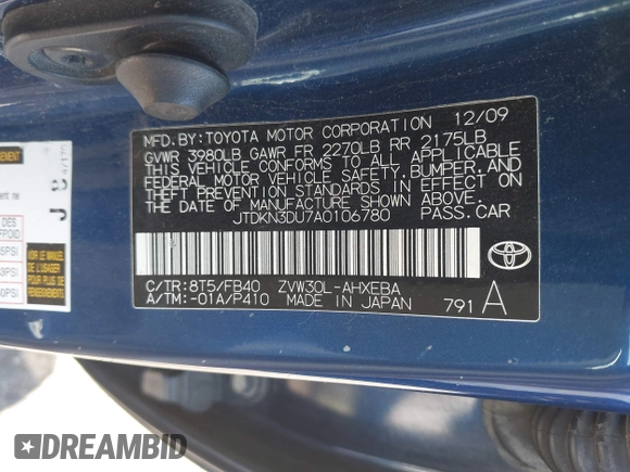 2010 Toyota Prius II with VIN JTDKN3DU7A0106780, listed as a IAAI auction lot 42049536 with 285,173 mi miles. Bid and sale history available at carsss.com. Image 9.