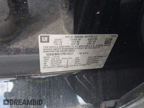 2015 Chevrolet Tahoe LT with VIN 1GNSCBKC1FR615817, listed as a IAAI auction lot 41760474 with 242,148 mi miles and . Bid and sale history available at DreamBid. Image 9.