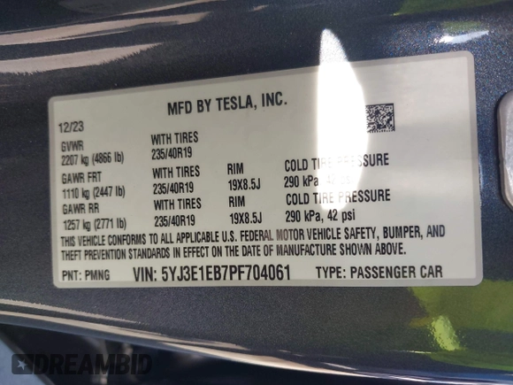 2023 Tesla Model 3 Long Range z VIN 5YJ3E1EB7PF704061, wystawiony jako IAAI lot #42079045 z przebiegiem 4 012 mil mil oraz . Historia ofert i sprzedaży dostępna na DreamBid. Obrazek 9.