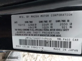 2014 Mazda Mazda6 i Sport with VIN JM1GJ1U62E1149446, listed as a IAAI auction lot 42016756 with 147,126 mi miles. Bid and sale history available at carsss.com. Image 9.
