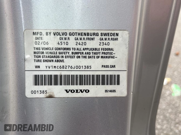 2006 Volvo C70 with VIN YV1MC68276J001385, listed as a Copart auction lot 72410764 with 109,543 mi miles and Clean Title. Bid and sale history available at carsss.com. Image 10.