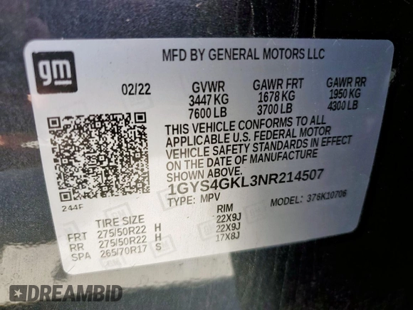 2022 Cadillac Escalade Sport Platinum with VIN 1GYS4GKL3NR214507, listed as a Copart auction lot 61359575 with 58,466 mi miles and Salvage title. Bid and sale history available at DreamBid. Image 14.