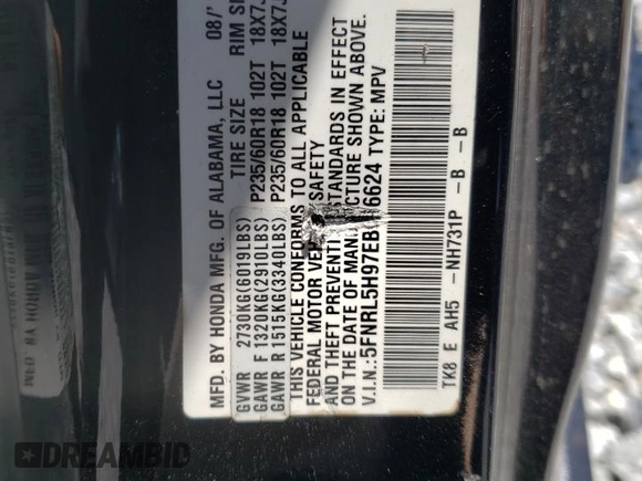 2014 Honda Odyssey Touring with VIN 5FNRL5H97EB016624, listed as a Copart auction lot 53444645 with 244,126 mi miles and Salvage Title. Bid and sale history available at DreamBid. Image 15.