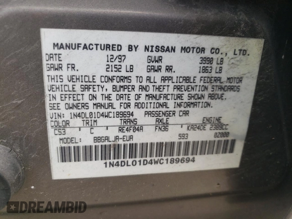1998 Nissan Altima XE with VIN 1N4DL01D4WC189694, listed as a Copart auction lot 78506824 with 216,098 mi miles and Non Repairable. Bid and sale history available at carsss.com. Image 13.