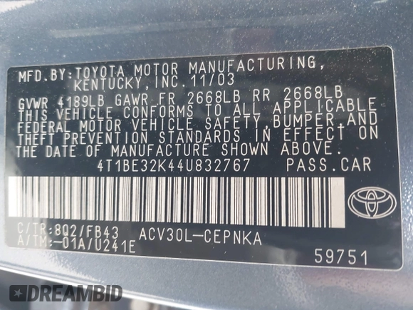 2004 Toyota Camry LE z VIN 4T1BE32K44U832767, wystawiony jako IAAI lot #42041228 z przebiegiem 185 778 mil mil oraz . Historia ofert i sprzedaży dostępna na DreamBid. Obrazek 9.