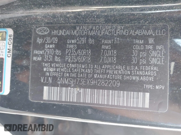 2009 Hyundai Santa Fe SE with VIN 5NMSH73EX9H282209, listed as a IAAI auction lot 42701028 with 146,118 mi miles and . Bid and sale history available at DreamBid. Image 9.