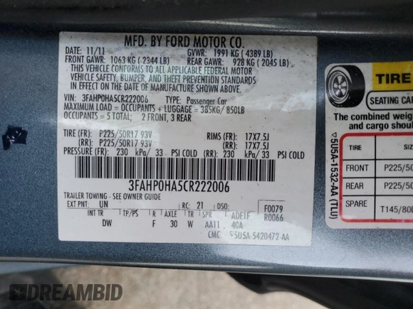 2012 Ford Fusion SE with VIN 3FAHP0HA5CR222006, listed as a Copart auction lot 86171924 with Not provided miles and Salvage title. Bid and sale history available at DreamBid. Image 13.