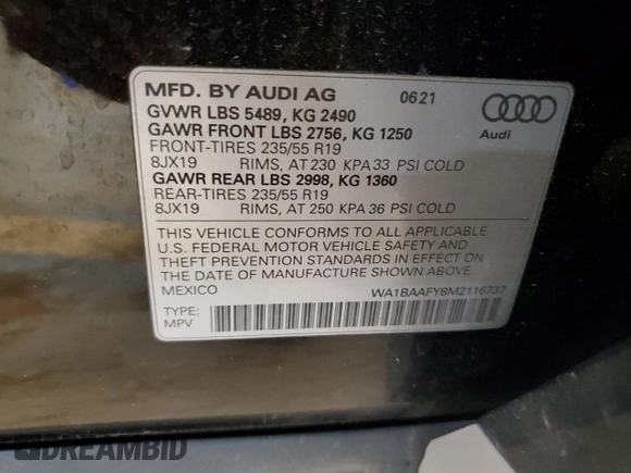 2021 Audi Q5 Premium Plus with VIN WA1BAAFY8M2116737, listed as a Copart auction lot 55652865 with 63,176 mi miles and Salvage title. Bid and sale history available at DreamBid. Image 13.